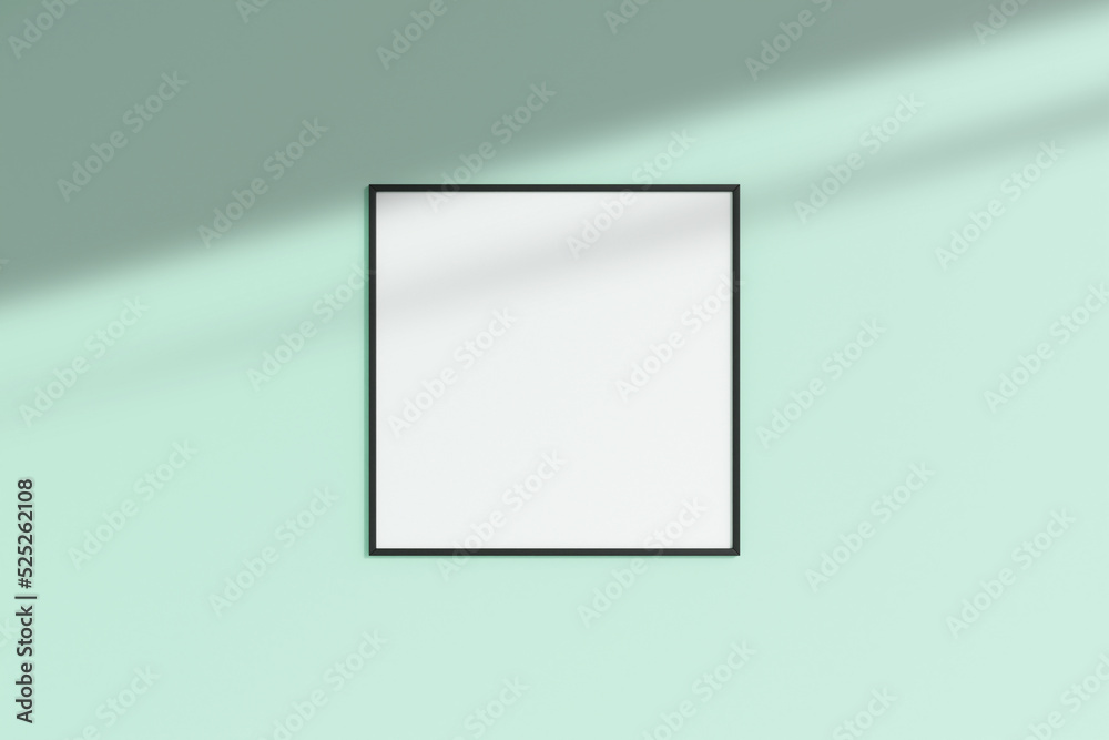 Realistic black square photo frame mockup hanging on empty wall room with shadow. 3d rendering. Realistic black square photo frame mockup hanging on empty wall room with shadow. 3d rendering.