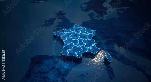 Abstract  geometric futuristic concept 3d Map of France with borders as scribble,  blue neon style. 3d rendering