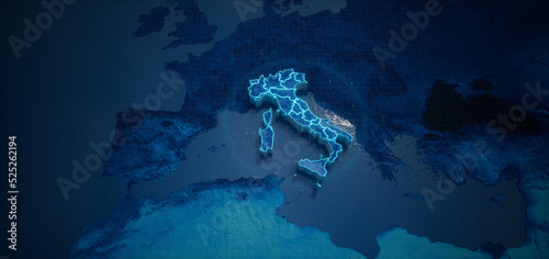 Abstract  geometric futuristic concept 3d Map of Italy with borders as scribble,  blue neon style. 3d rendering