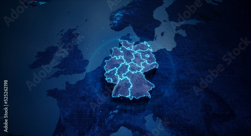 Abstract  geometric futuristic concept 3d Map of Germany with borders as scribble   blue neon style. 3d rendering
