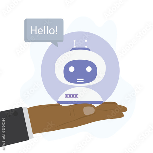 Big hand holds funny chatbot avatar. Artificial intelligence, chat bot, support service. Helpdesk, bank robot with faq. Virtual assistant.