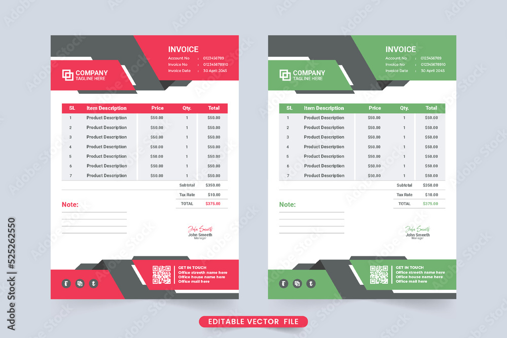 Minimal invoice template vector with red and green colors. Print ready professional invoice design for product purchase record. Product price receipt and billing paper decoration with abstract shapes.