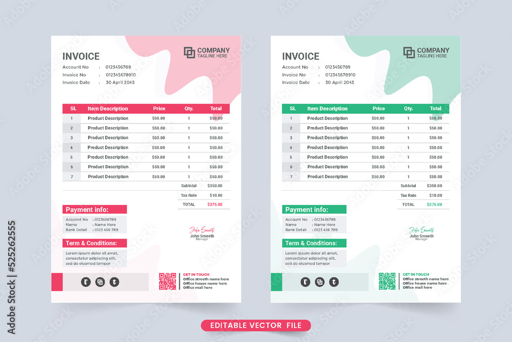 Corporate business cash receipt template with creative abstract shapes. Minimal invoice template design for professional business. Print ready product purchase receipt and invoice decoration.