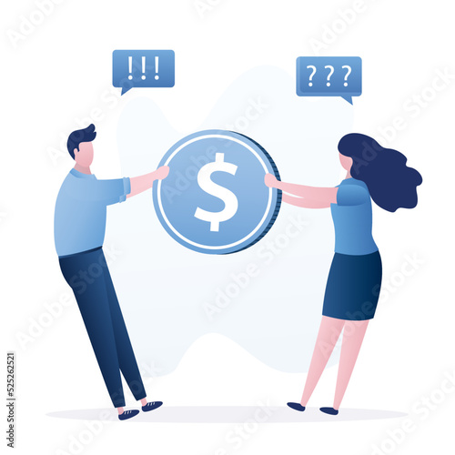 Married couple shares huge dollar coin, family budget. Shared money, conflict over financial spending. Disagreement with expenses. Husband and wife pull money in different directions.