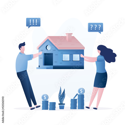Conflict in the family, unhappy couple shares property. Former spouses holding house, dispute over property ownership. Financial conflict, problems. Bankruptcy.