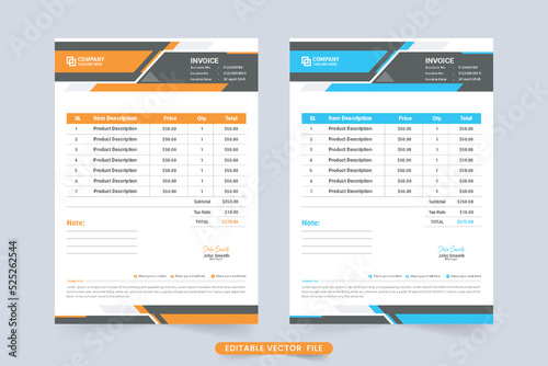 Creative invoice decoration with minimal shapes. Payment receipt and invoice bill template design for corporate business. Print ready billing paper vector with blue and yellow colors.