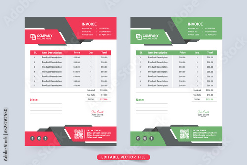 Minimal invoice template vector with red and green colors. Print ready professional invoice design for product purchase record. Product price receipt and billing paper decoration with abstract shapes.
