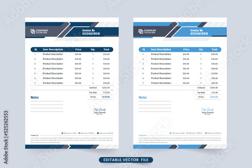 Creative corporate business invoice and price receipt vector. Invoice Template and payment agreement paper design with blue color. Professional price receipt and invoice layout vector.