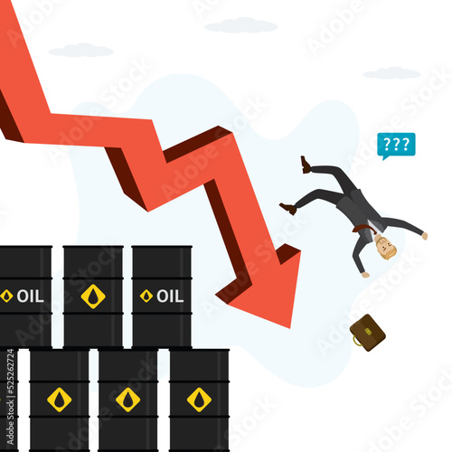 Businessman or trader falls from chart. Unsuccessful investments in oil or gas. Barrels of fuel and falling commodities price chart during economic crisis. Money loss, bankruptcy