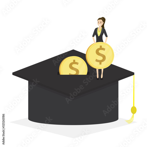 Smart female student insert big dollar coins into graduation hat. Education fund for college, saving for school or university tuition fees. Study cost for training expense. Student loan