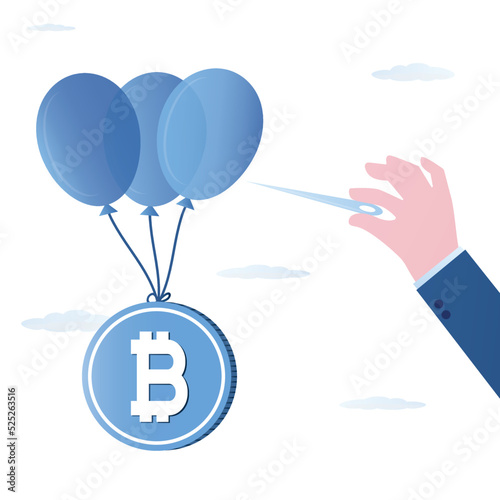 Financial, cryptocurrency bubble and invest in bitcoin. Crypto trading, mining crisis and unstable crypto worth. Hand with big needle wants to blow away balloons with bitcoin float in sky