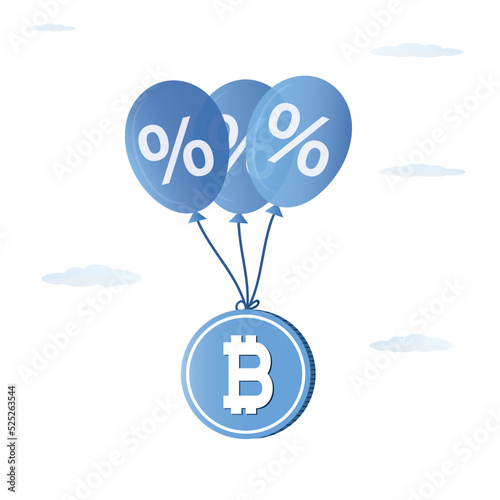 Financial, cryptocurrency bubble and invest in bitcoin. Crypto trading, maining crisis and unstable crypto worth. Balloons with bitcoin float in sky. Blockchain technology.