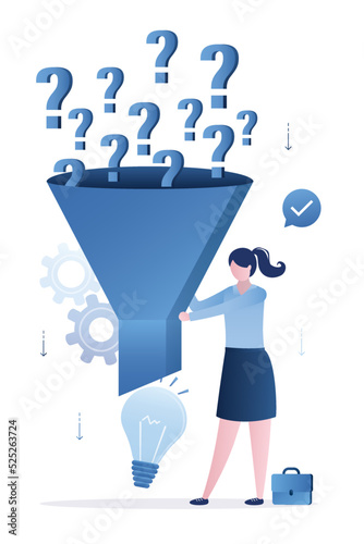 Solving problem, brainstorming, problems research and discover new idea, creativity to answer questions, smart business woman with funnel or filter to get solution from question mark.
