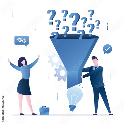 Colleagues solving problem, brainstorming, problems research and discover new idea, creativity to answer questions, smart business people with funnel or filter to get solution