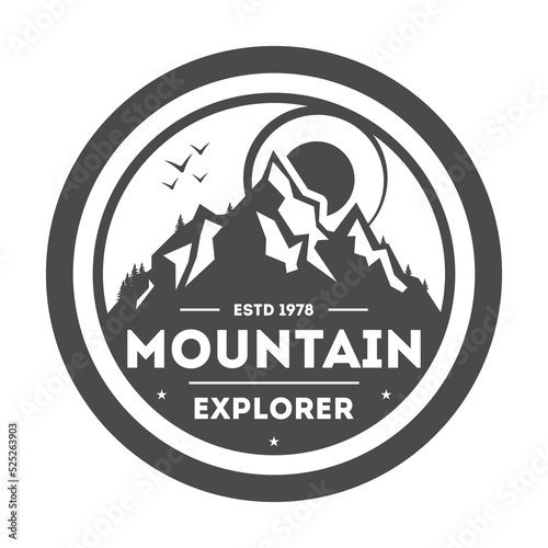 Mountain explorer vintage isolated label vector illustration. Mountain expeditions icon. Wild life concept. Adventure outdoor resort and hiking logo.