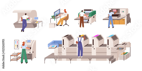 Work with polygraphy equipment in publishing industry, production. Digital, offset devices, machines set for print, color proof, cut, laminate. Flat vector illustrations isolated on white background