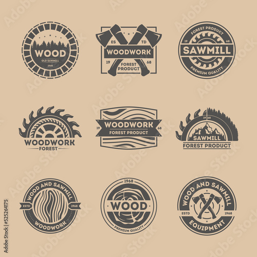 Forest product vintage isolated label set vector illustration. Woodwork symbol. Premium quality icon. Wood and sawmill equipment logo. Wood, axe, saw, tree sign. Wood industry, sawmill service concept