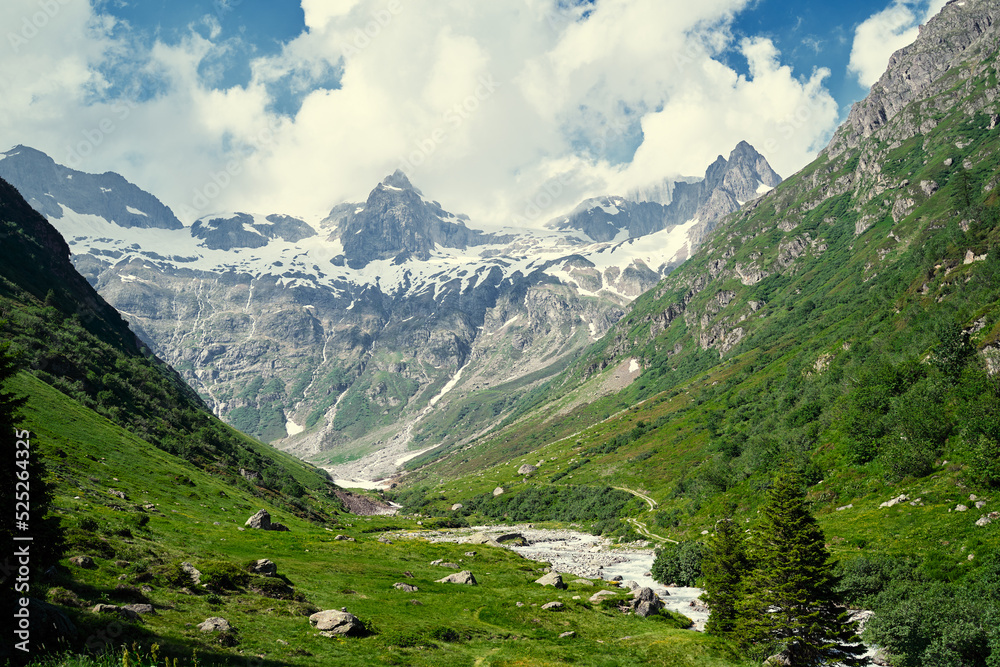 Travel by Switzerland. Beautifl summer landscape. River in Alps Mountains.