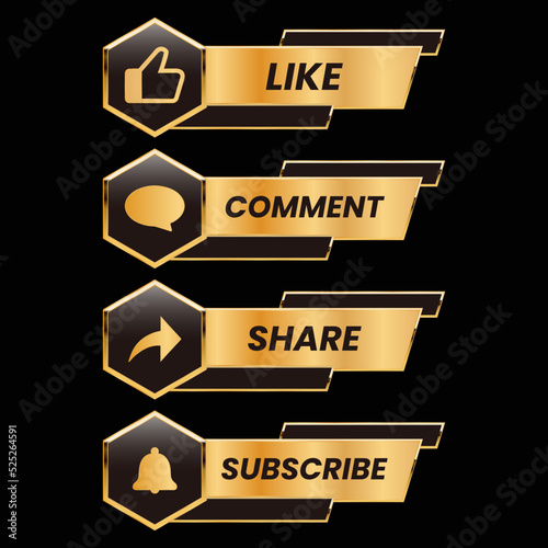 golden like comment share and subscribe button vector