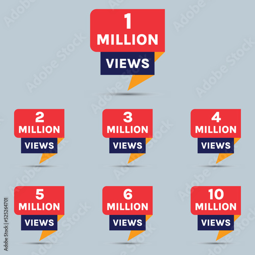 million views celebration badge, golden 1 million views to 10 million views banner set