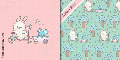 cyclist bunny and mouse with cute seamless pattern