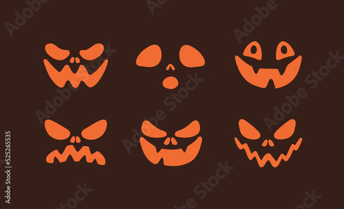 Scary Halloween faces with different emotions. Spooky Helloween holiday pumpkin characters with creepy, funny, happy, angry, evil, surprised expressions set. Isolated flat vector illustrations