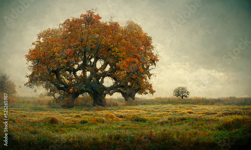large oak tree in autumn field landscape, digital illustration