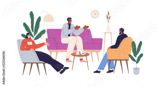 People talking, speaking in living room. Friends communication, conversation, meeting, gathering. Men, women sitting on sofa at home lounge. Flat vector illustration isolated on white background
