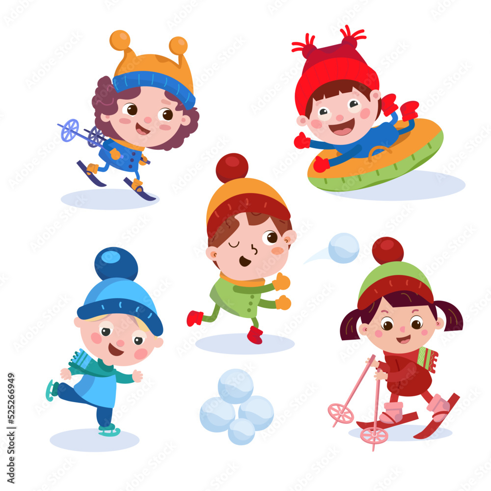 Cute children go skiing, tubing, throwing snowballs. Winter holiday. Set of funny  cartoon characters on a white background. Vector illustration. Stock Vector  | Adobe Stock