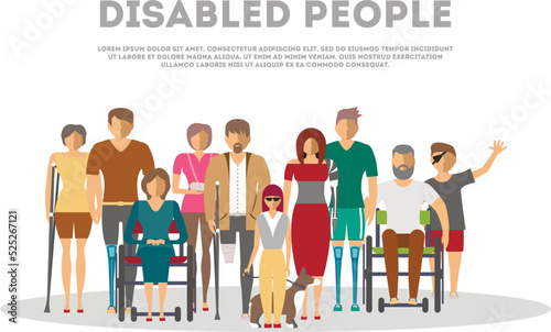 Disabled people banner in flat style vector illustration. Invalid persons, blind woman, broken arm, people on wheelchair, prosthetic arms and legs. Healthcare assistance and accessibility concept.