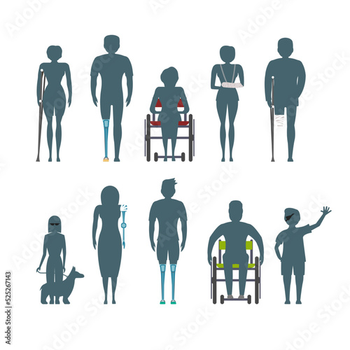 Disabled people silhouette isolated set vector illustration. Invalid person, blind woman, broken arm, people on wheelchair, prosthetic arms and legs. Healthcare assistance and accessibility