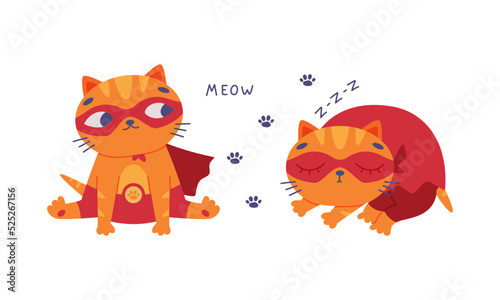 Cute red cat superhero. Funny kitten pet animal character in red mask and cape meowing and sleeping cartoon vector illustration