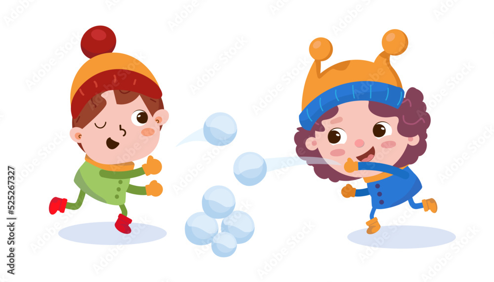 Cute boys throws snowballs. Winter holiday. Funny characters on white background. Vector illustration. Cute boys throws snowballs. Winter holiday. Funny characters on white background. Vector illustration.