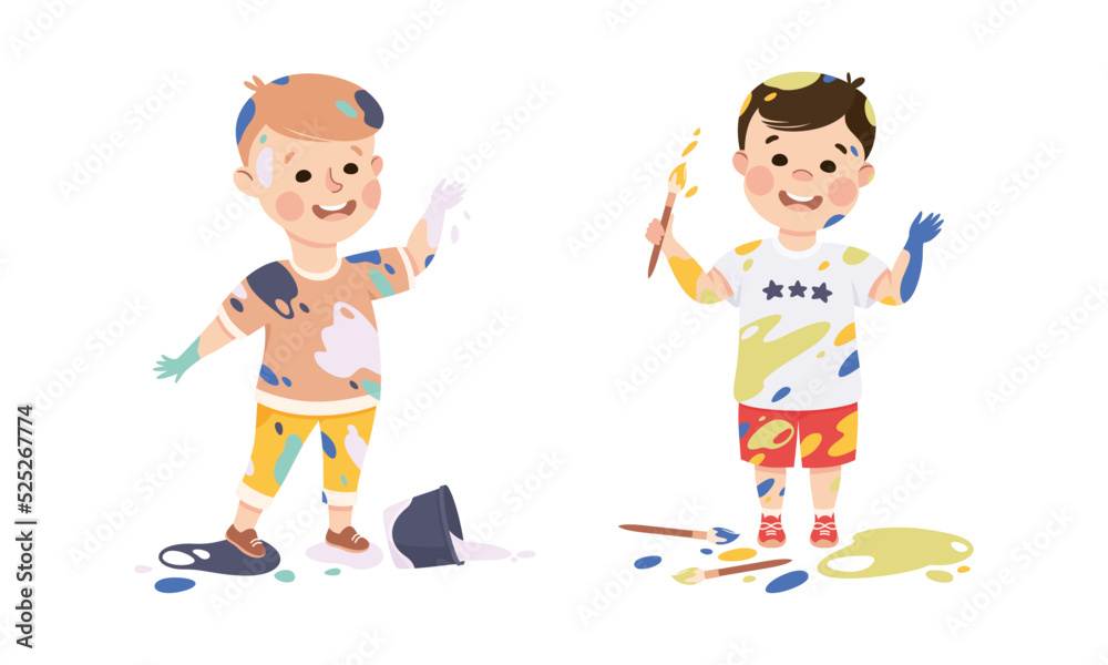Happy boys stained hands and clothes with paints. Creative kids painting with paintbrushes and paints cartoon vector illustration Happy boys stained hands and clothes with paints. Creative kids painting with paintbrushes and paints cartoon vector illustration