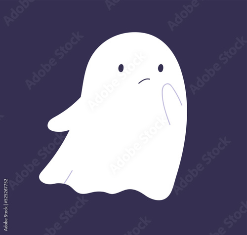 Cute boo character in bad mood. Kids Halloween ghost silhouette floating. Creepy spook. Helloween phantom with puzzled thoughtful face expression, emotion. Isolated childish flat vector illustration