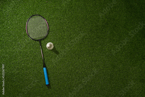 Badminton racket and shuttlecock on green grass background.