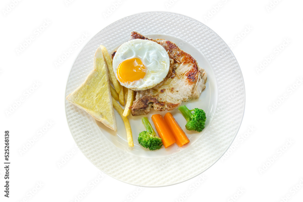 Die cut of meat Steak with french fries, fried eggs, toast on white plate, on white isolated. Die cut of meat Steak with french fries, fried eggs, toast on white plate, on white isolated.