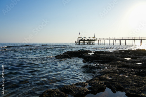 Beach on the Mediterranean Sea in the Turkish Reviera. Coast near Alanya in Turkey. 