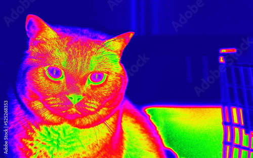 Thermal imager effect. The cat is colorful and cute looks at the camera in the lens. 