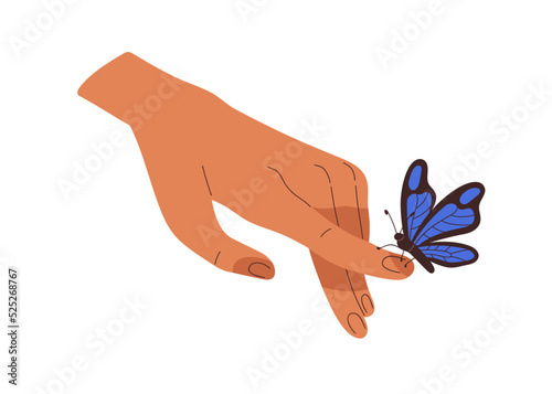 Hand touching beautiful butterfly. Winged flying insect sitting on human finger, arm. Unity, harmony with nature, entomology concept. Flat graphic vector illustration isolated on white background