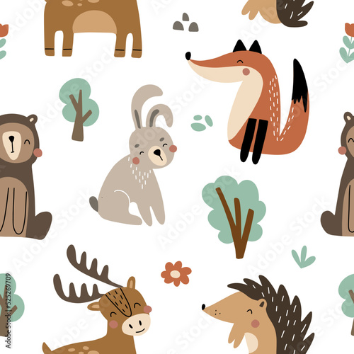 Seamless pattern with forest animals and nature on a white background. Vector illustration for nursery and textile decoration