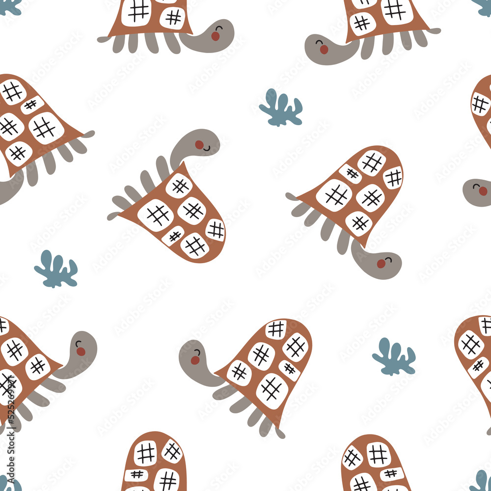 Seamless pattern with sea turtle. Vector illustration isolated on white background for nursery and textile decoration