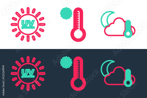Set line Thermometer and cloud, moon, UV protection and Meteorology thermometer icon. Vector