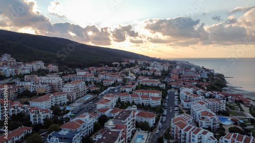 Top view of the sunrise over the town of Sveti Vlas 