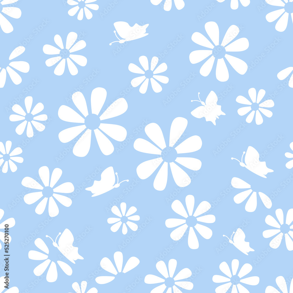 Seamless pattern with daisy flower and butterflies on blue background vector illustration.