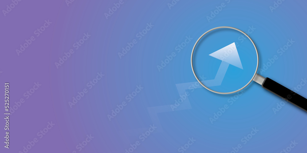 Magnifier focuses on the arrow rising step up on colorful background. Illustration for business of winning situation. Reach goal of success. Achievement concept. Business target. 3d paper cut style. Magnifier focuses on the arrow rising step up on colorful background. Illustration for business of winning situation. Reach goal of success. Achievement concept. Business target. 3d paper cut style.