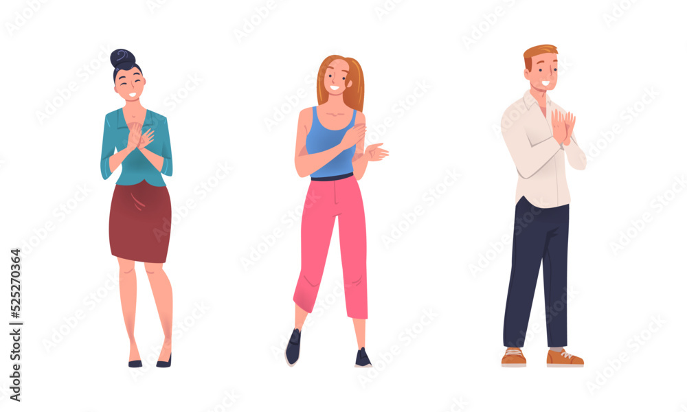 Fototapeta premium Cheerful people clapping hands set. Positive business people applauding with enthusiasm flat vector illustration