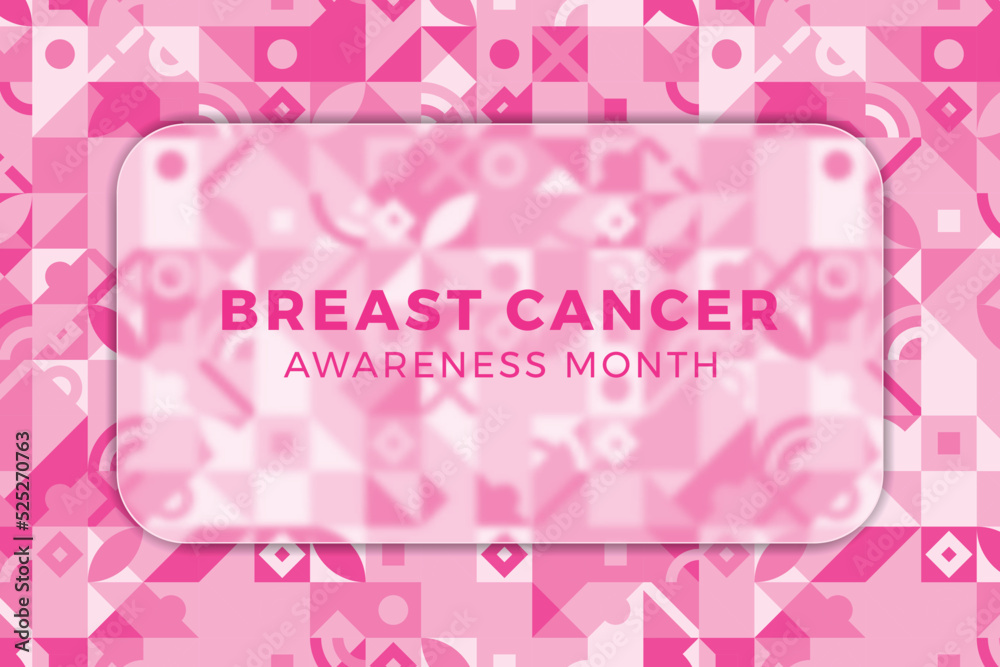 Breast Cancer Awareness Month banner design layout with blurred glass element and geometric pattern. Holiday template with pinkish background. Vector illustration EPS 10