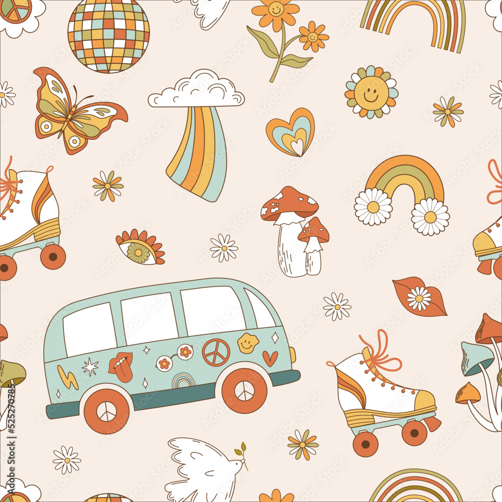 Seamless pattern retro 1970s hippie. Psychedelic groove elements ...