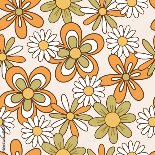 Seamless pattern retro 70s hippie. Background with cute flower in vintage style. Illustration with positive symbols for wallpaper  fabric  textiles. Vector